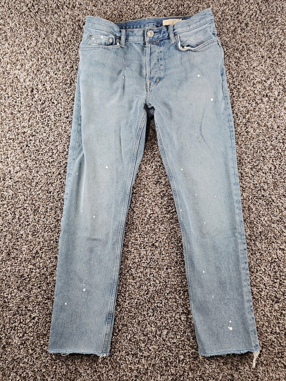 Allsaints Womens Sz 30 Dean Fit Slim Leg Blue Jeans Light Wash Paint Splatter